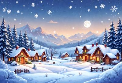 The primary subject of the image is a snowy village with houses and trees. The setting is a winter landscape with snow covering the ground and mountains in the background. The visual style is a digital art illustration, creating a cozy and serene atmosphere. The dominant colors are white, gray, and blue, reflecting the cold and snowy environment.